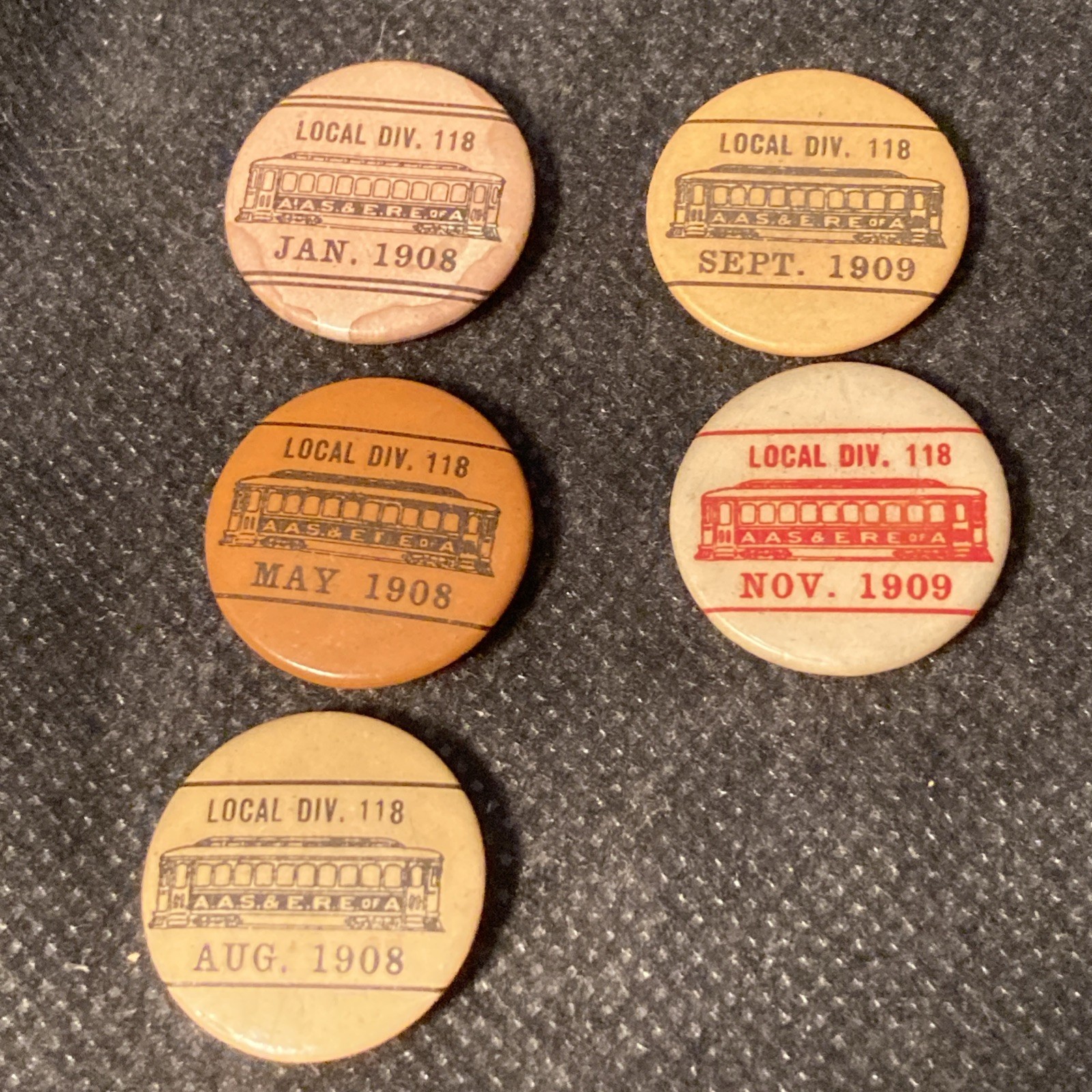1908-09 Local 118 Trolley Conductor Union Pin Buttons Lot of 5