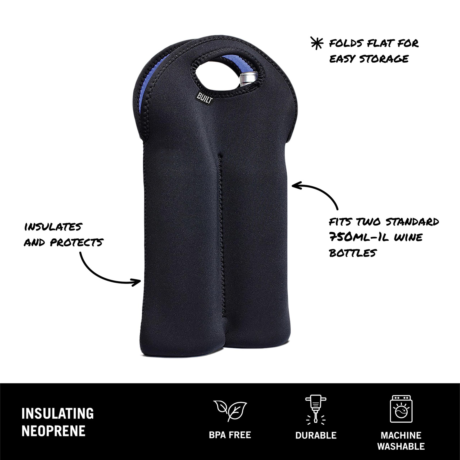 2BBLK 2Bottle Neoprene Wine Water Bottle Carry Tote Black Stain Resistant