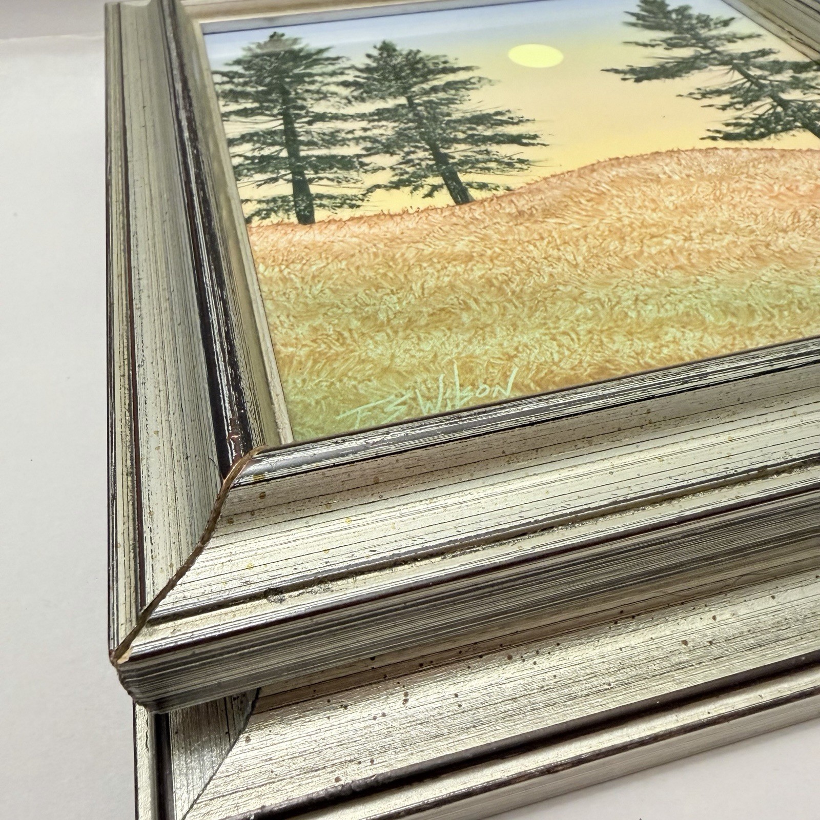 Frank S. Wilson Hand Painted Ceramic Tile Wall Art Moon Landscape Lodge USA VTG