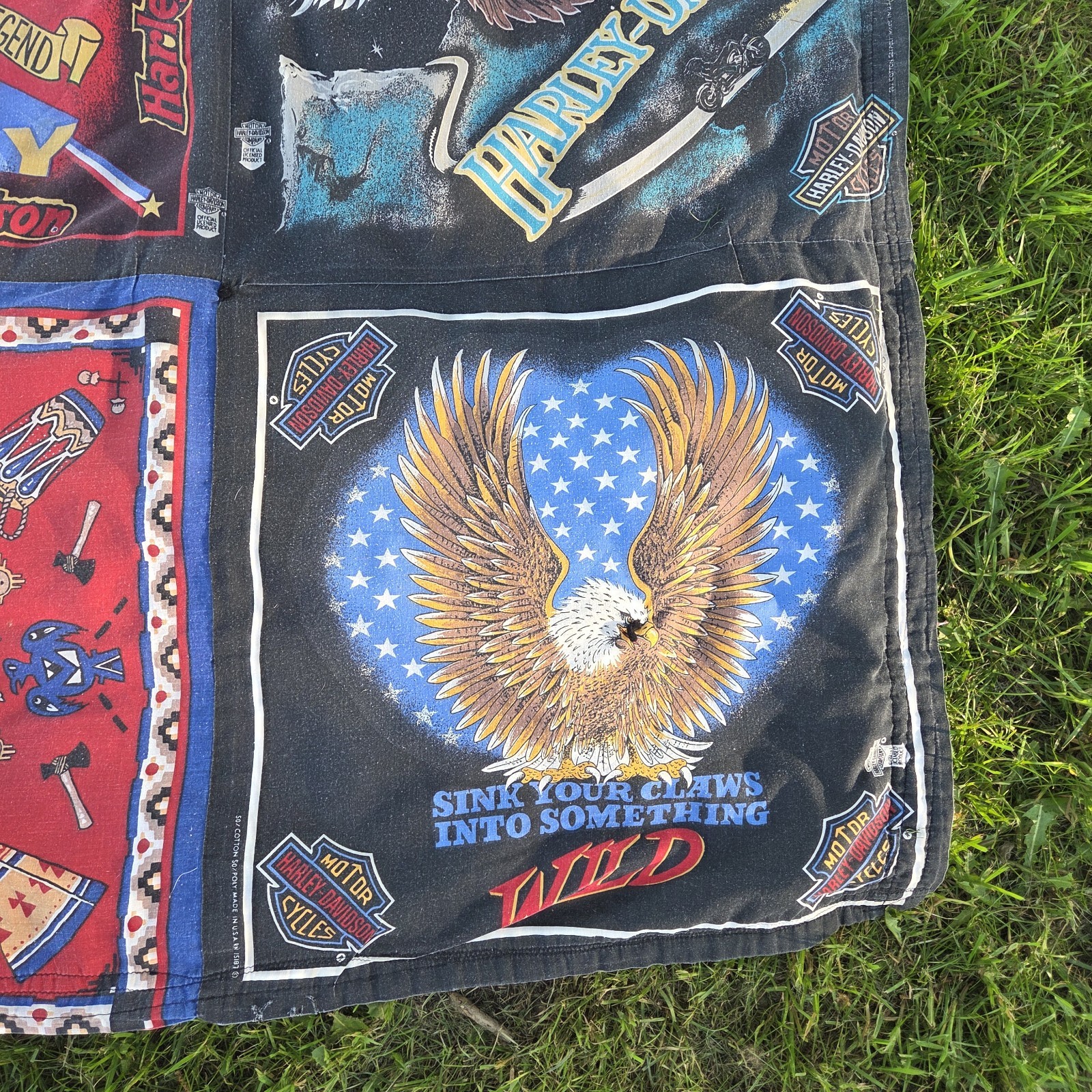 Vintage Handmade Harley-Davidson Bandana Quilt 56″x76″
