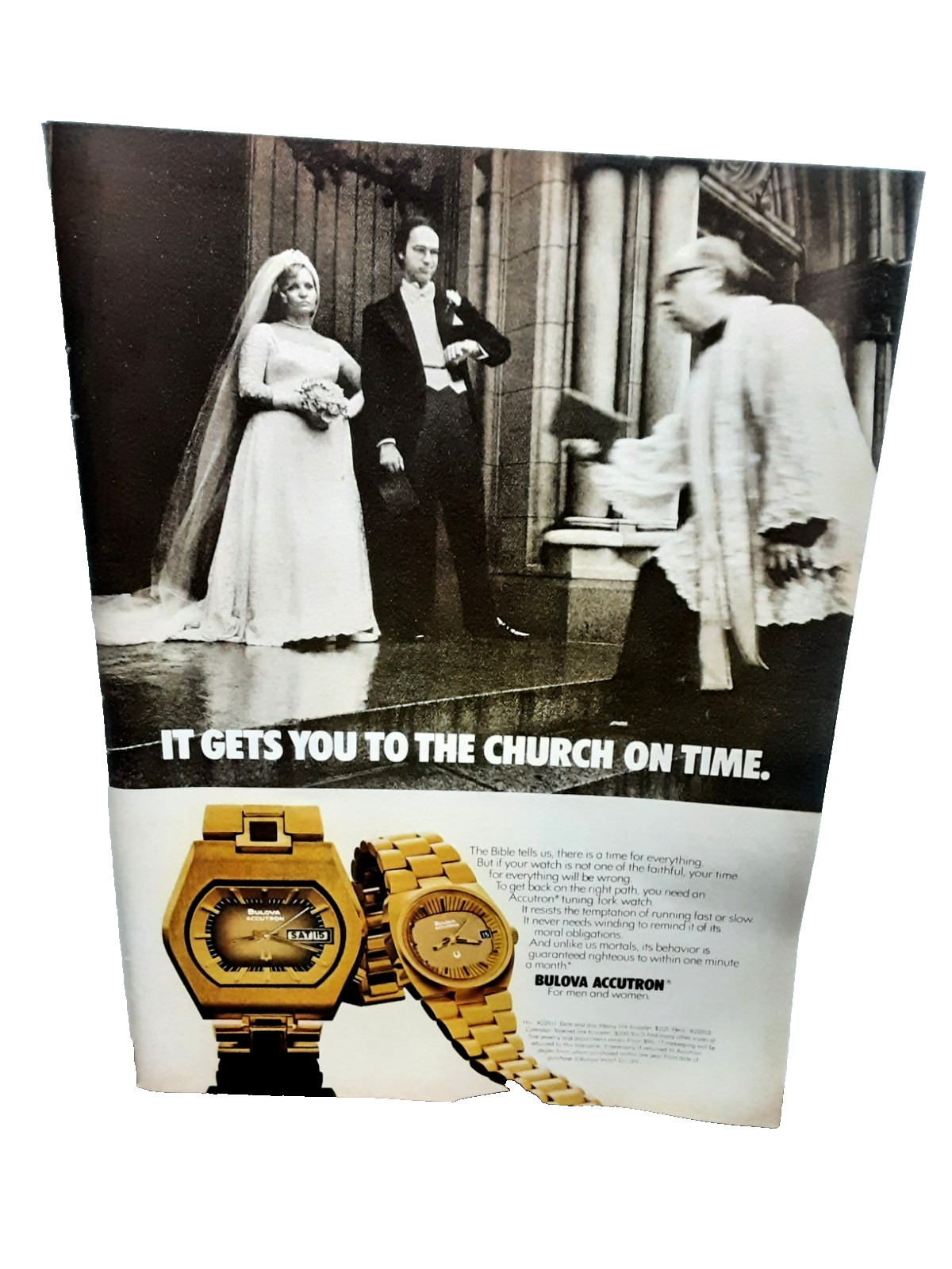 1974 Bulova Accutron Vintage Print Ad Church on Time Wedding Gold Watches Rare