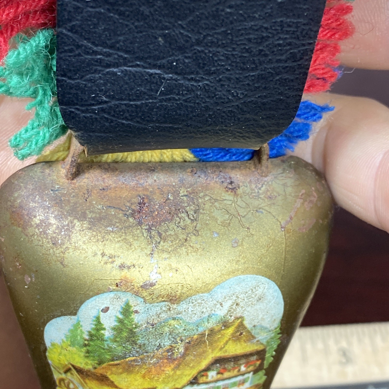 Brass Swiss Cow Bell Multi Color Fringed Leather Strap Vtg 6” Cottage Landscape