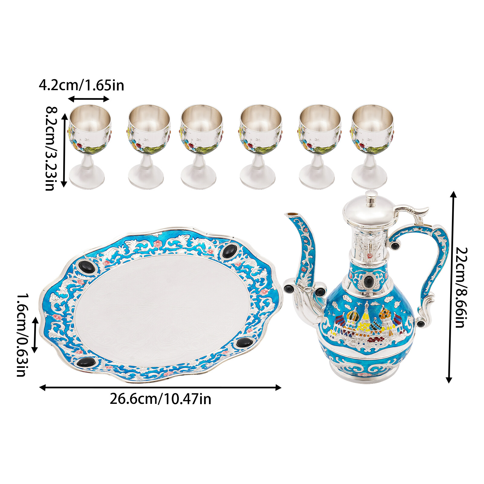 Antique Zinc Alloy Tea Set 800ml Teapot 6 × 50ml Cups Castle Pattern