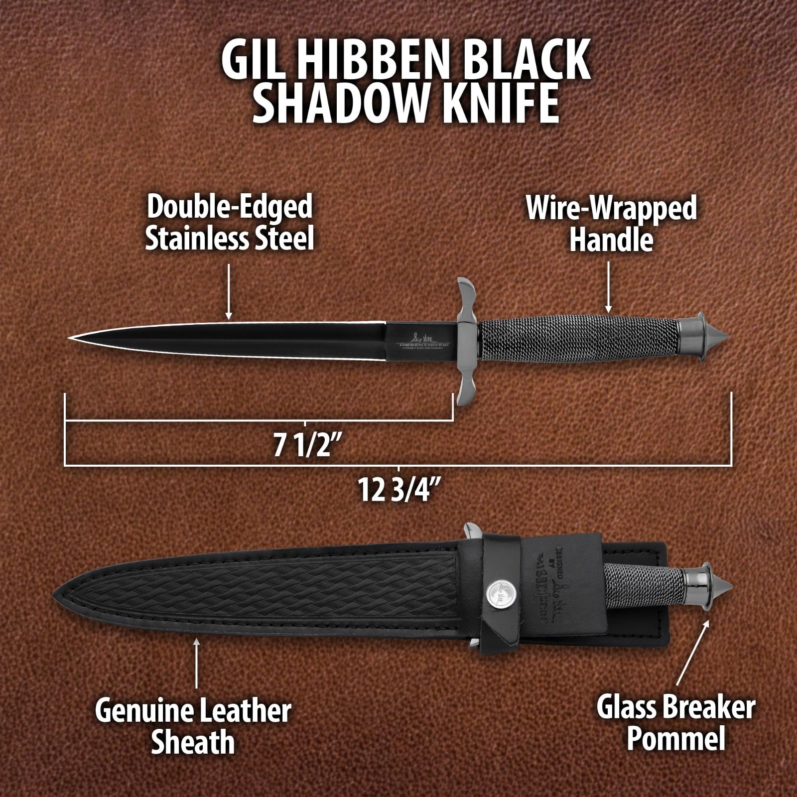 Gil Hibben Black Shadow Dagger | Leather Sheath Included | 12 3/4″ Overall