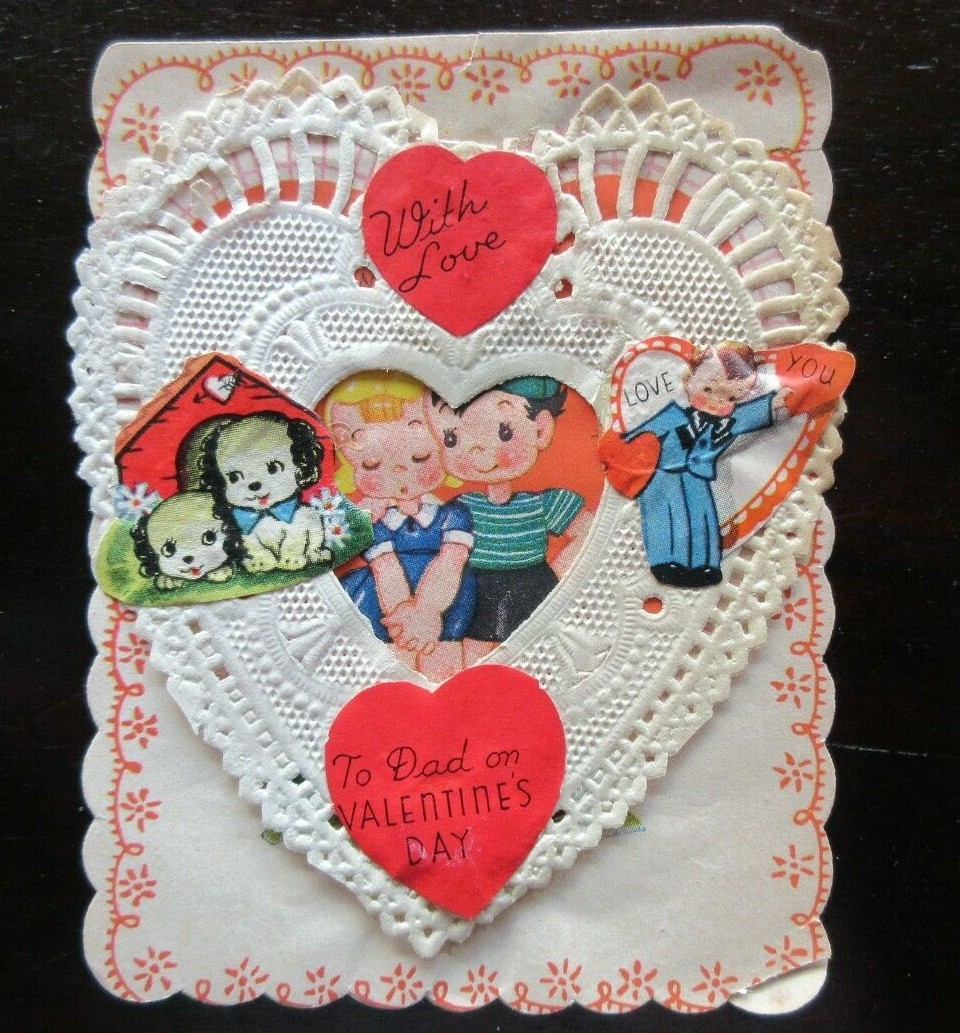 Vintage Used A-MERI-CARD Valentine Card TO DAD – PAPER LACE & STICKERS