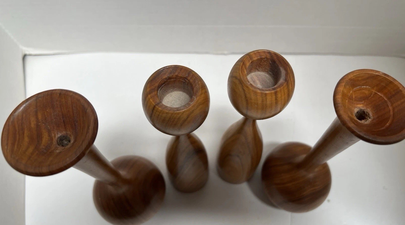 Rare Mid Century Modern Danish Design Teak Tulip Candle Holders 4 Piece Set 8”