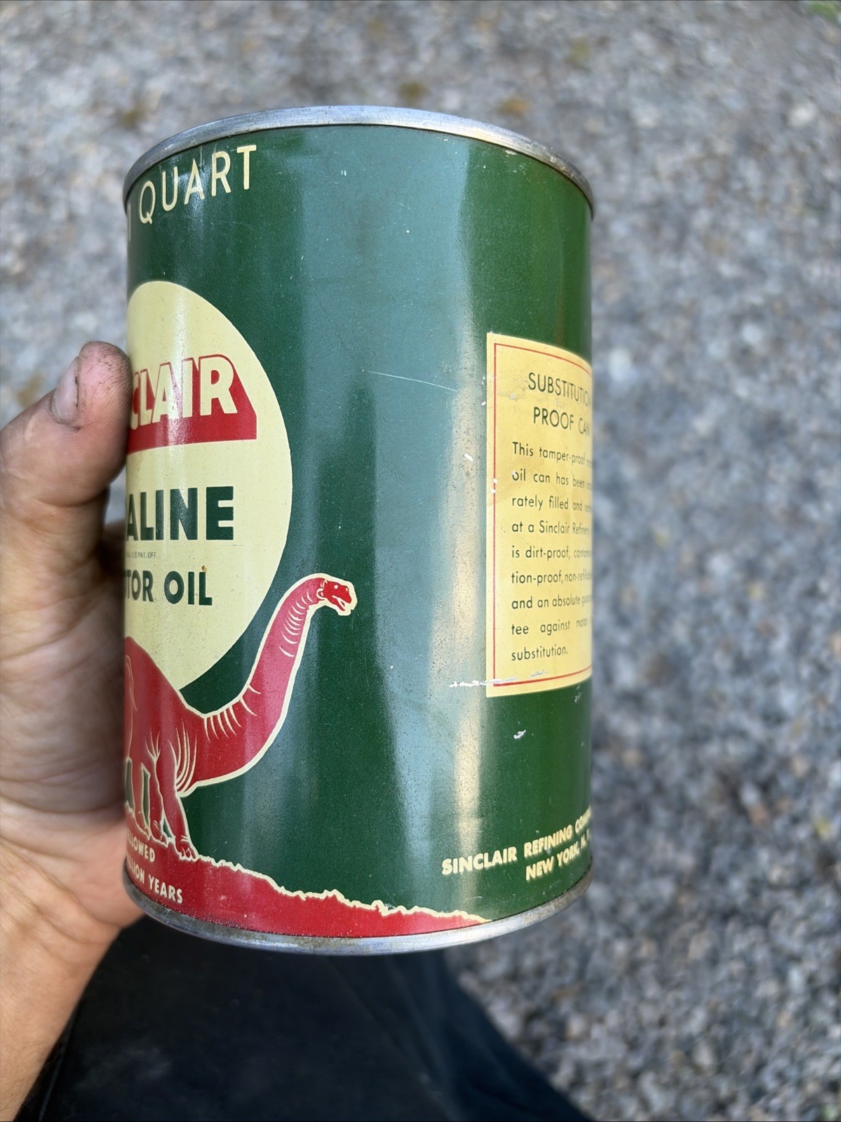 Vintage SINCLAIR OPALINE DINO MOTOR OIL Quart Metal Rare Red Dino Gas Oil