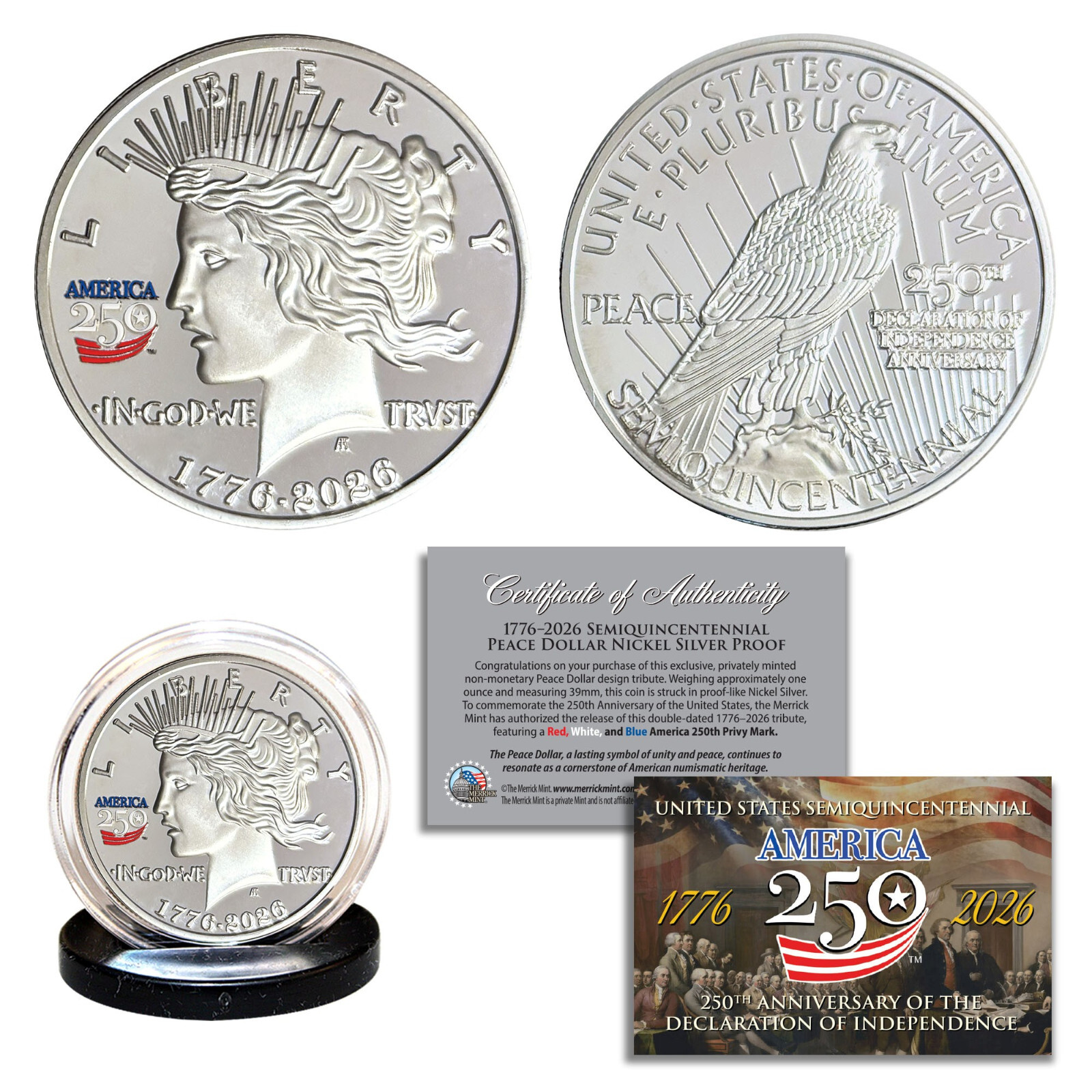 1776-2026 America 250 Privy PEACE DOLLAR Nickel-Silver Proof Tribute 1 OZ Coin