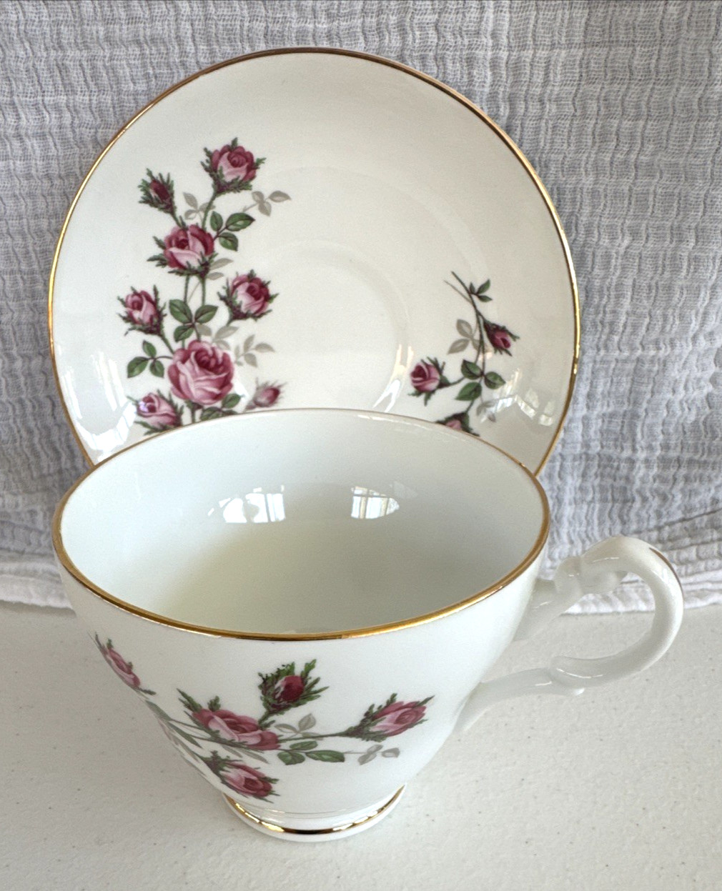 English Bone China Cup & Saucer Vintage White and Gold Pink Roses Hand Painted