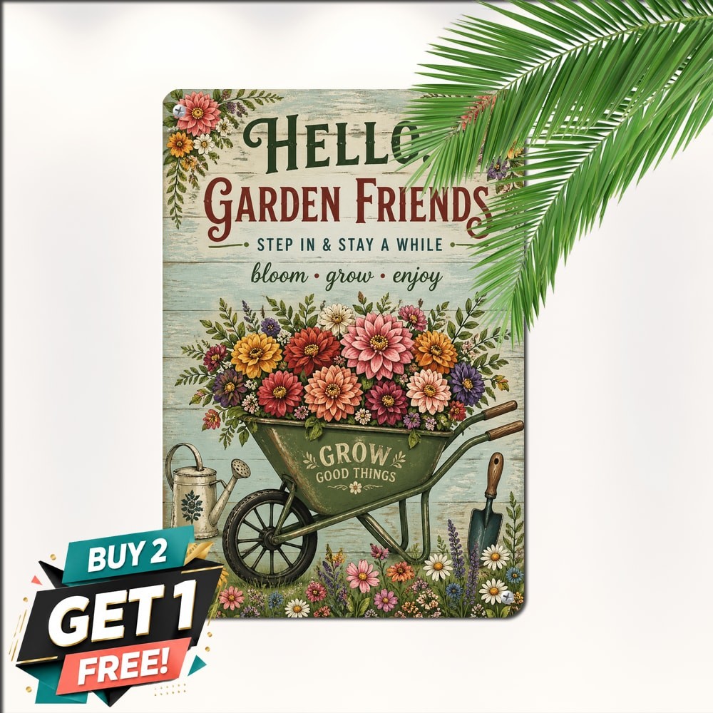 Wheelbarrow Full Of Colorful Flowers Rustic Garden Welcome Metal Tin Sign
