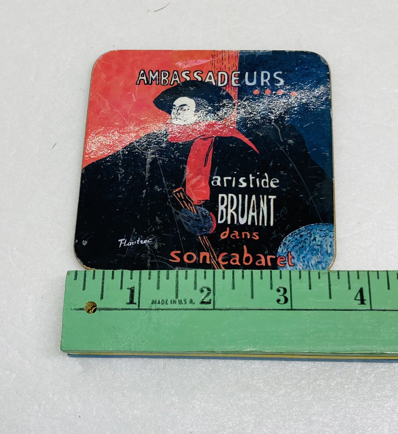 Vintage Ambassadeurs Aristide Bruant Wood Cork Drinking Coaster French Art 36