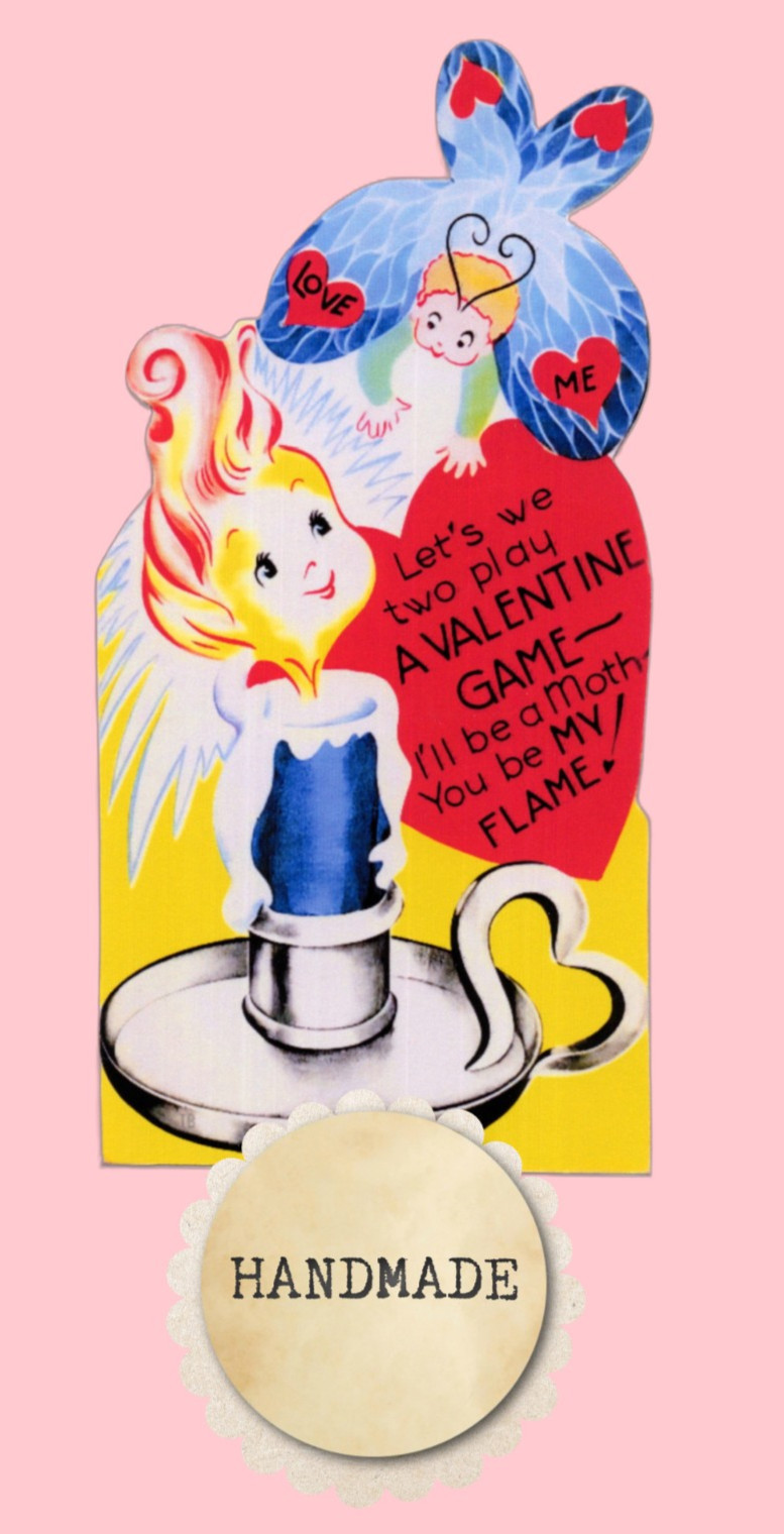 Vintage Style Valentine Card, MOTH/ ANTHROPOMORPHIC CANDLE FLAME „BE MY FLAME“