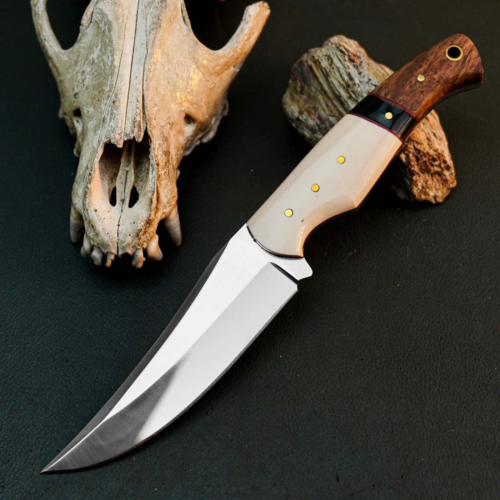 8.7″ D2 Skinning Hunting Knife Handmade Full Tang Resin Handle Leather Sheath