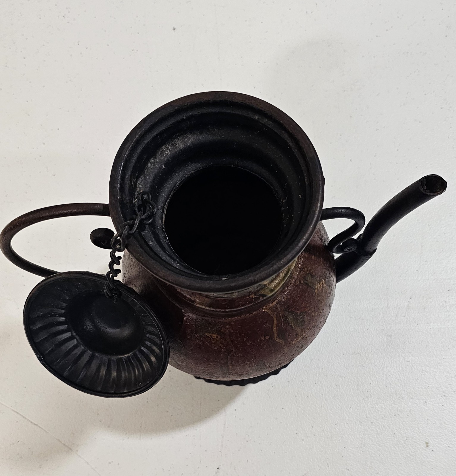 Antique Cast Metal Pitcher Brown Vintage Finish Curved Handle & Spout 11″ H
