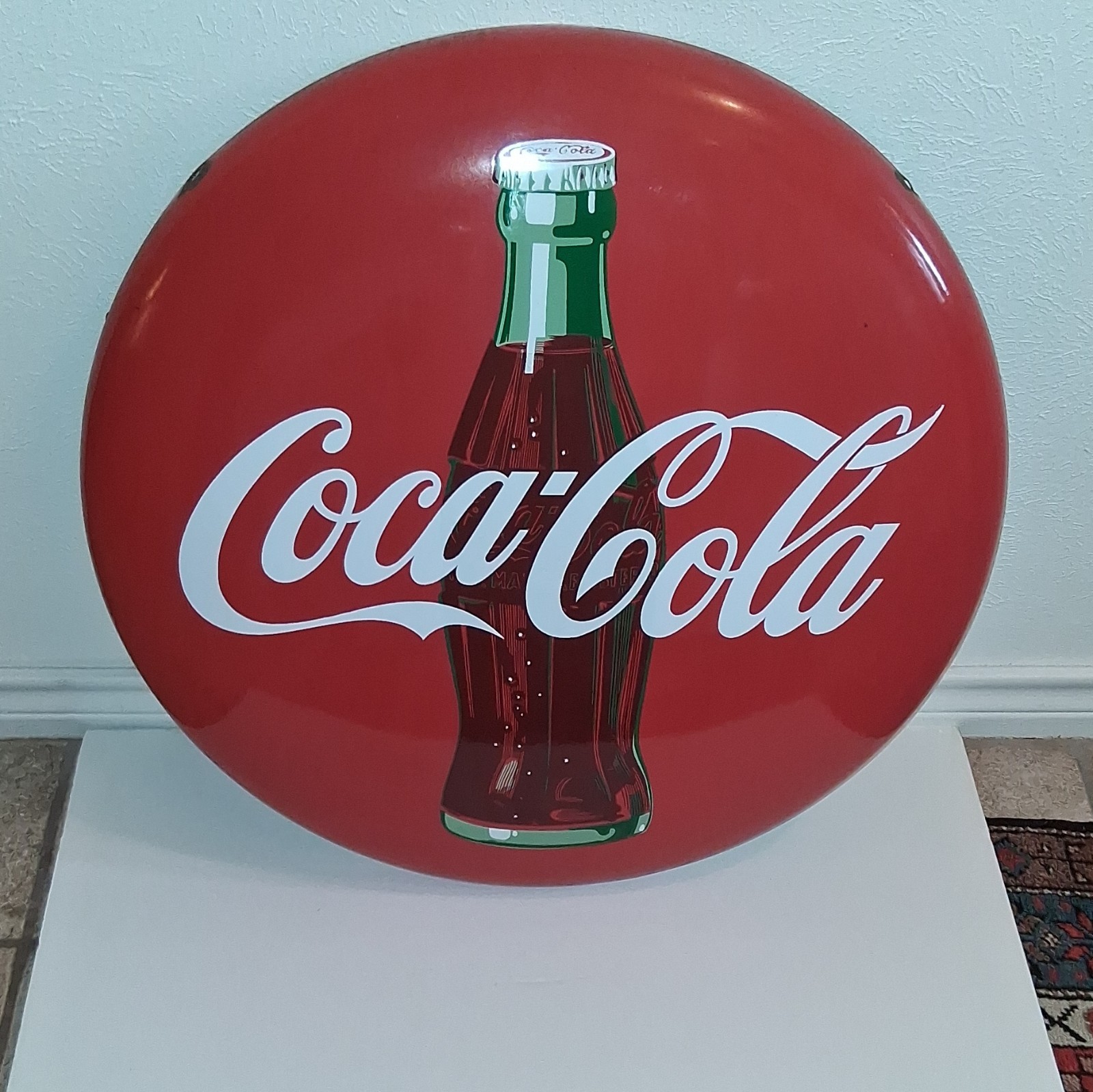 Coca-Cola Round Red Advertising Sign with Bottle Graphic, Soda Theme