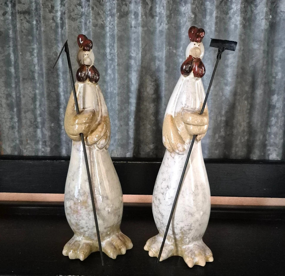 Vintage Ceramic Pottery Roosters with Hoe and Rake 193D 9.5 in. T