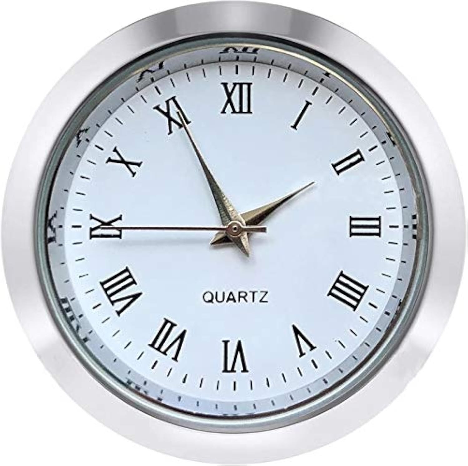 Mini Clock Insert 1-1/2 Inch, Roman Numerals, Silver Bezel, White Face