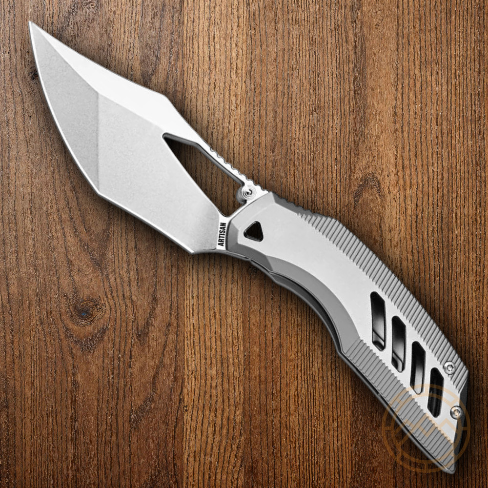 Artisan Dark Wing Folding Knife 3.63″ S35VN Steel Blade Gray Titanium Handle