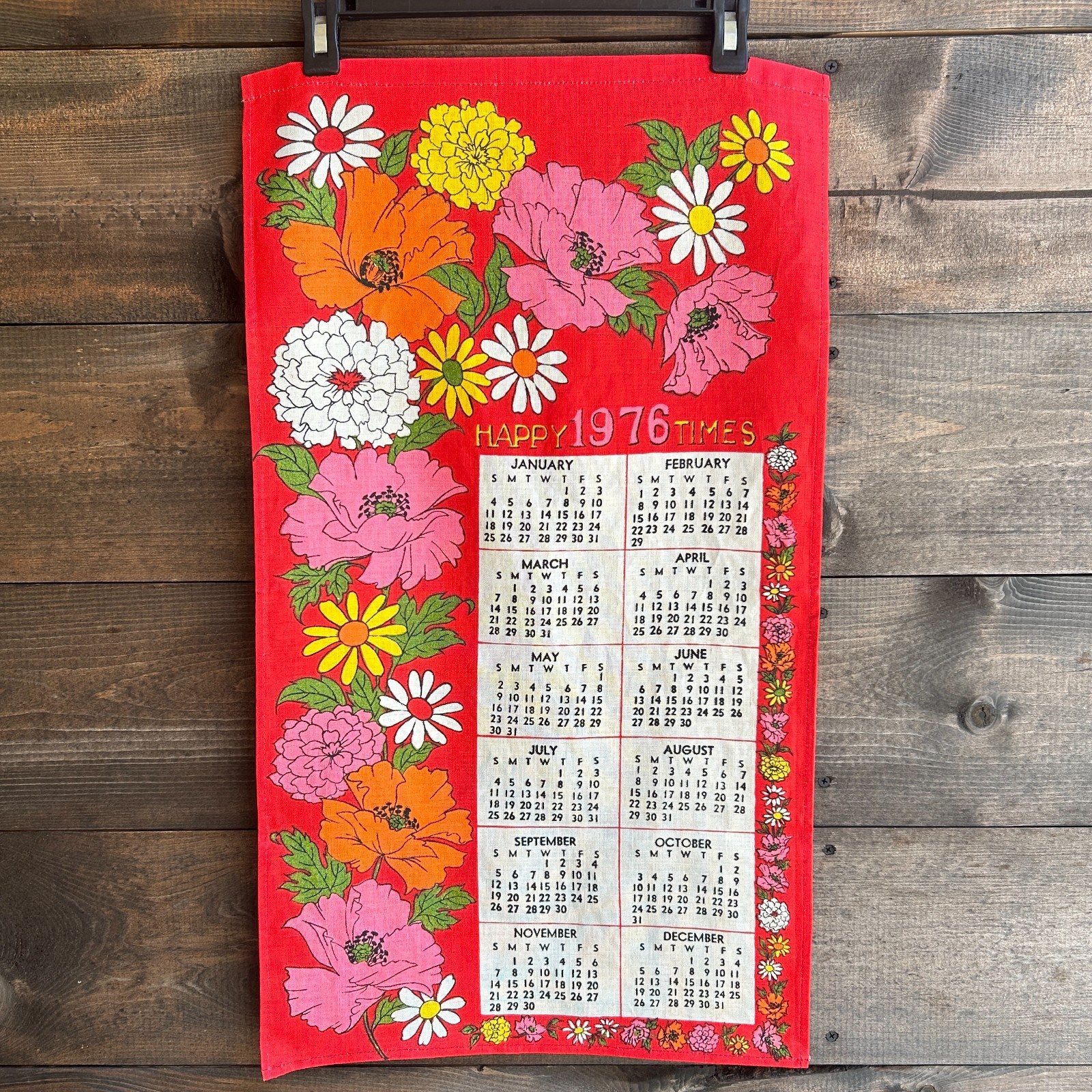 Vintage 1976 Happy Times Hanging Linen Calendar Retro 70s Floral Flowers MCM