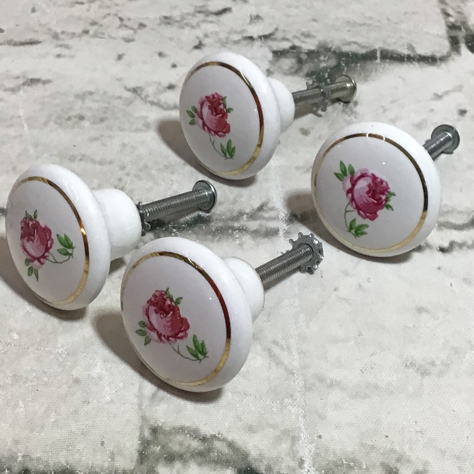Vintage Drawer Pulls 1.25” Round Ceramic Pink Floral Flowers Knobs Lot Of 4