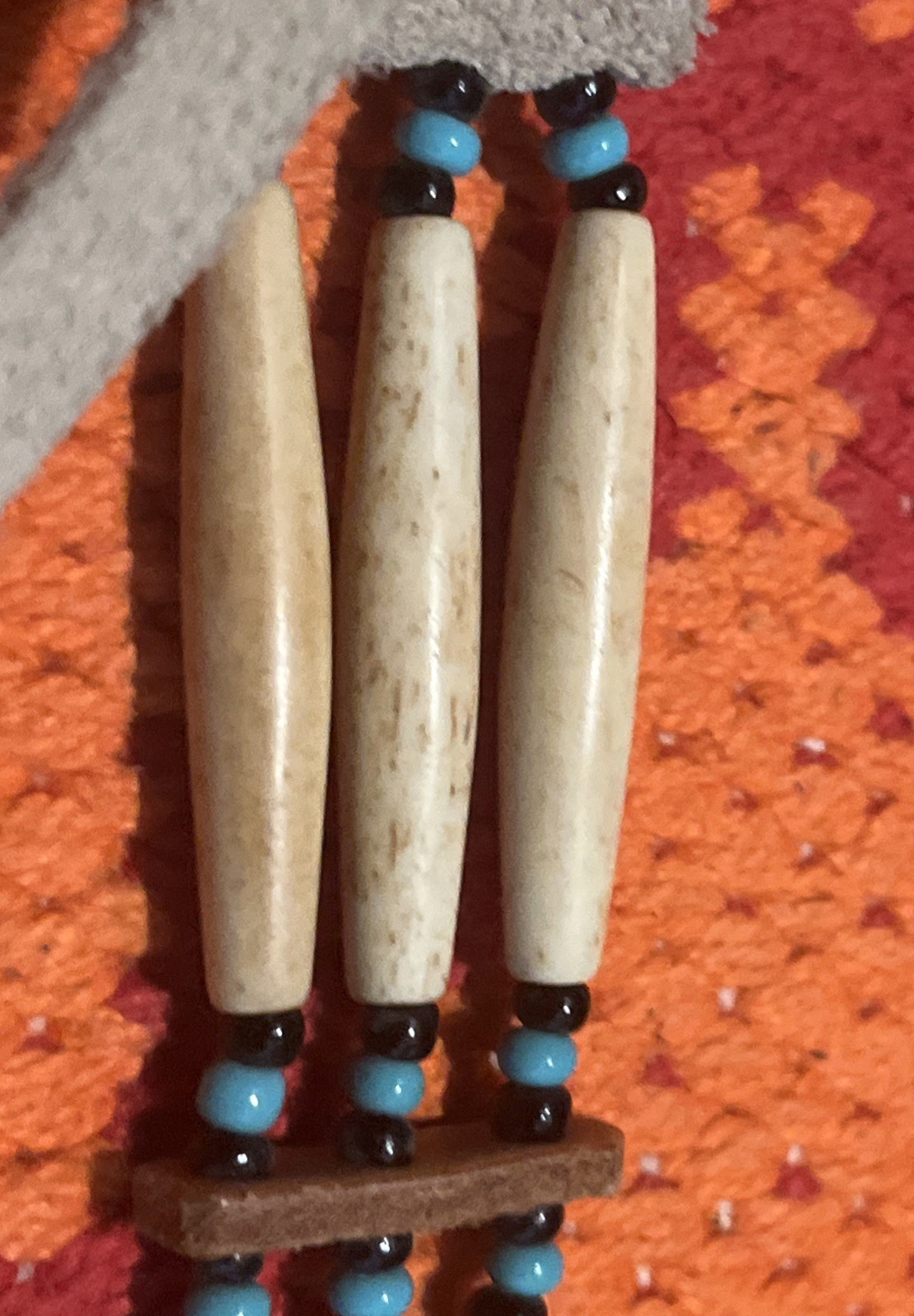 Native American Style Handmade~Bone & Bead Choker Necklace with Leather Ties