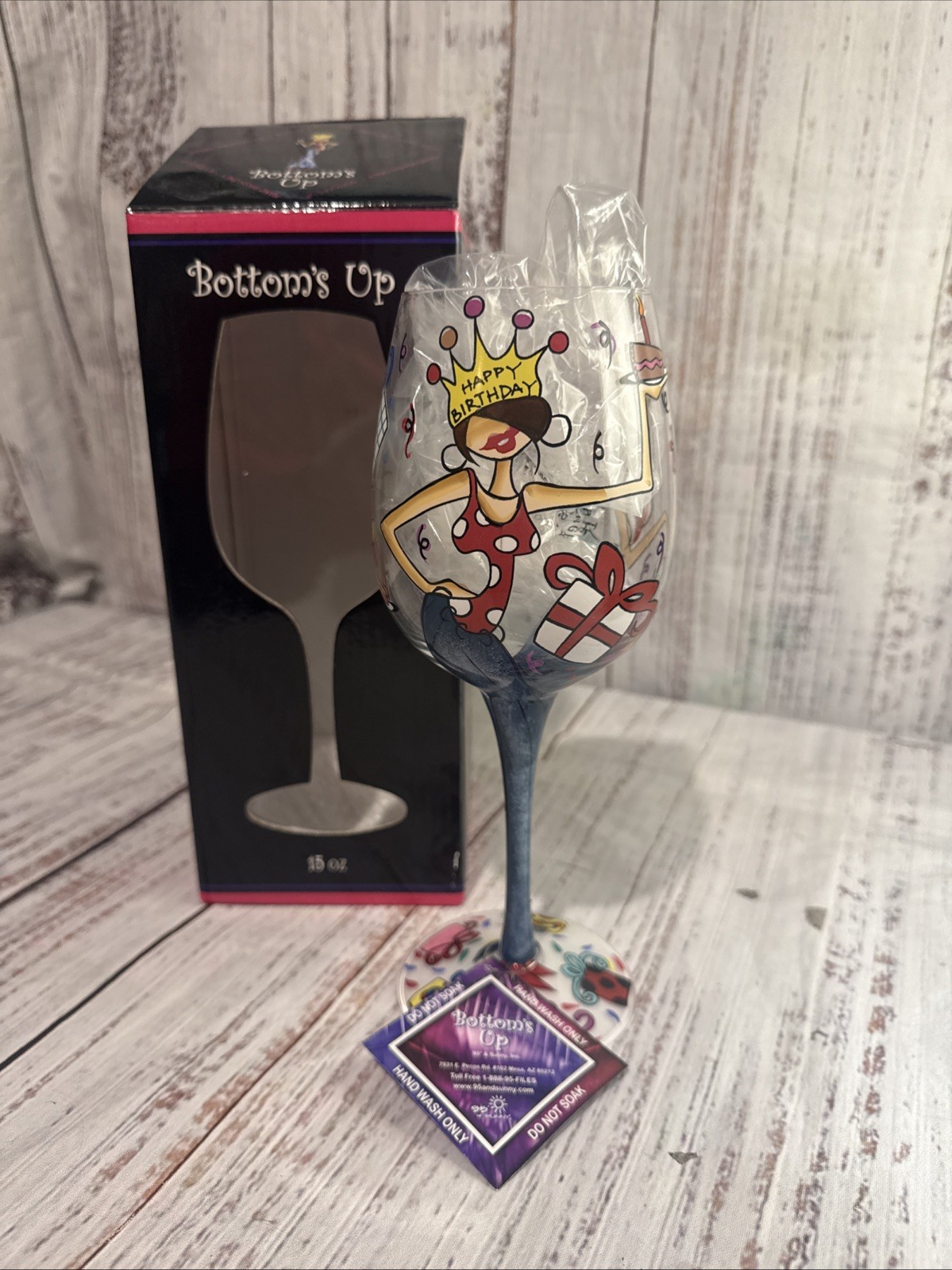 95 and Sunny Wine Glass Hand Painted 15 Ounce 2009 New In Box Hand Wash Only