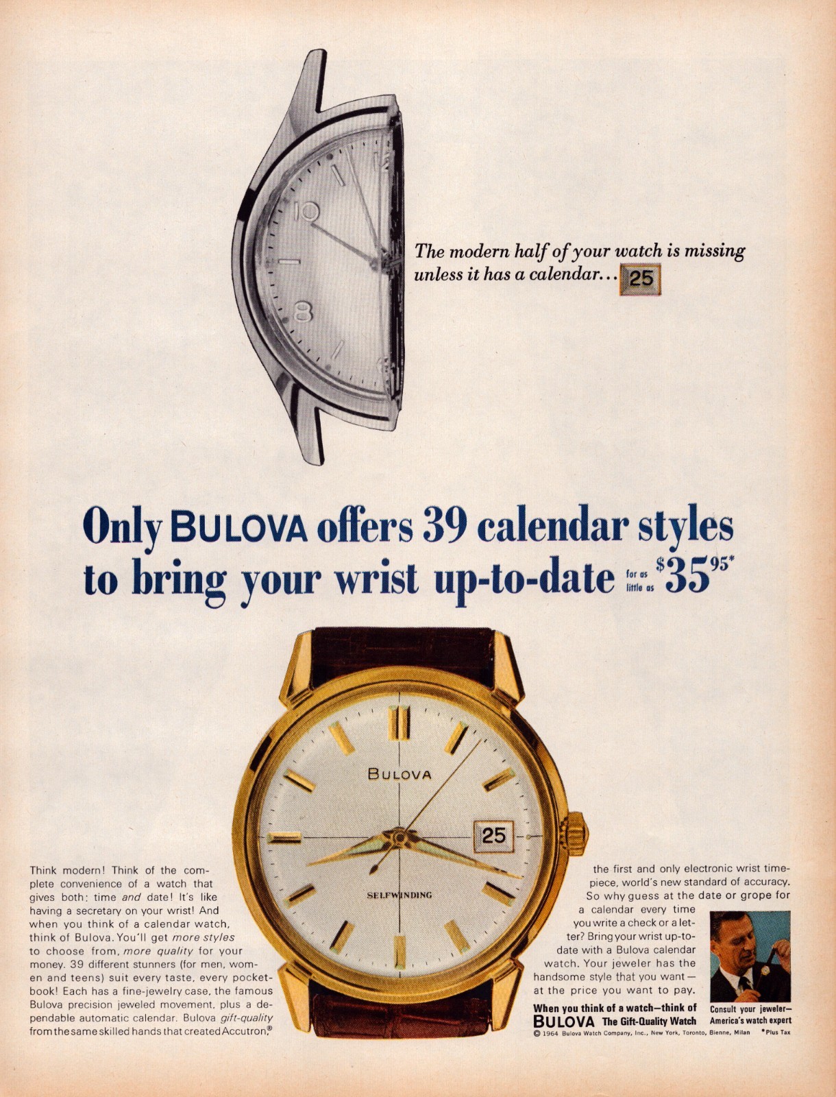Bulova Watches 1964 Full Page Magazine Print Ad 39 Calendar Styles Selfwinding