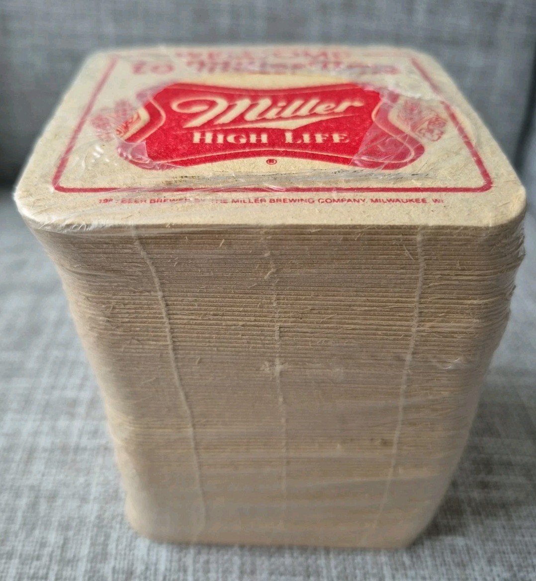 VINTAGE MILLER HIGH LIFE BEER COASTERS STACK OF 100 UNUSED-NEW SEALED 1984