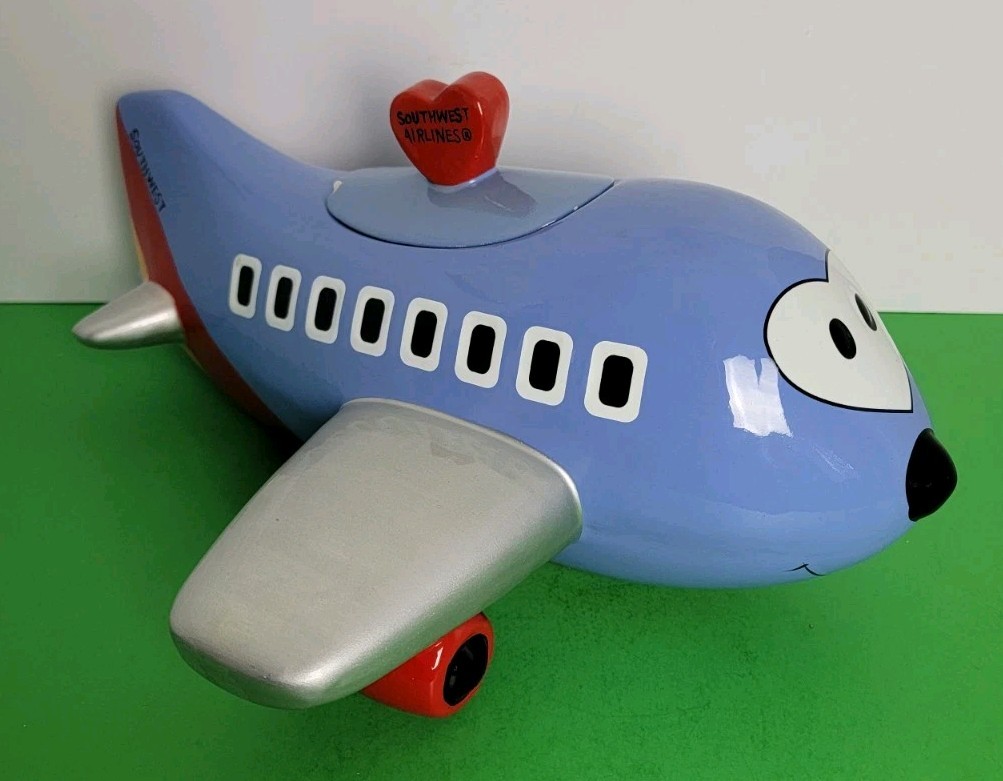 Vintage Southwest Airlines Ceramic Blue Airplane Cookie Jar – Chipped Lid.