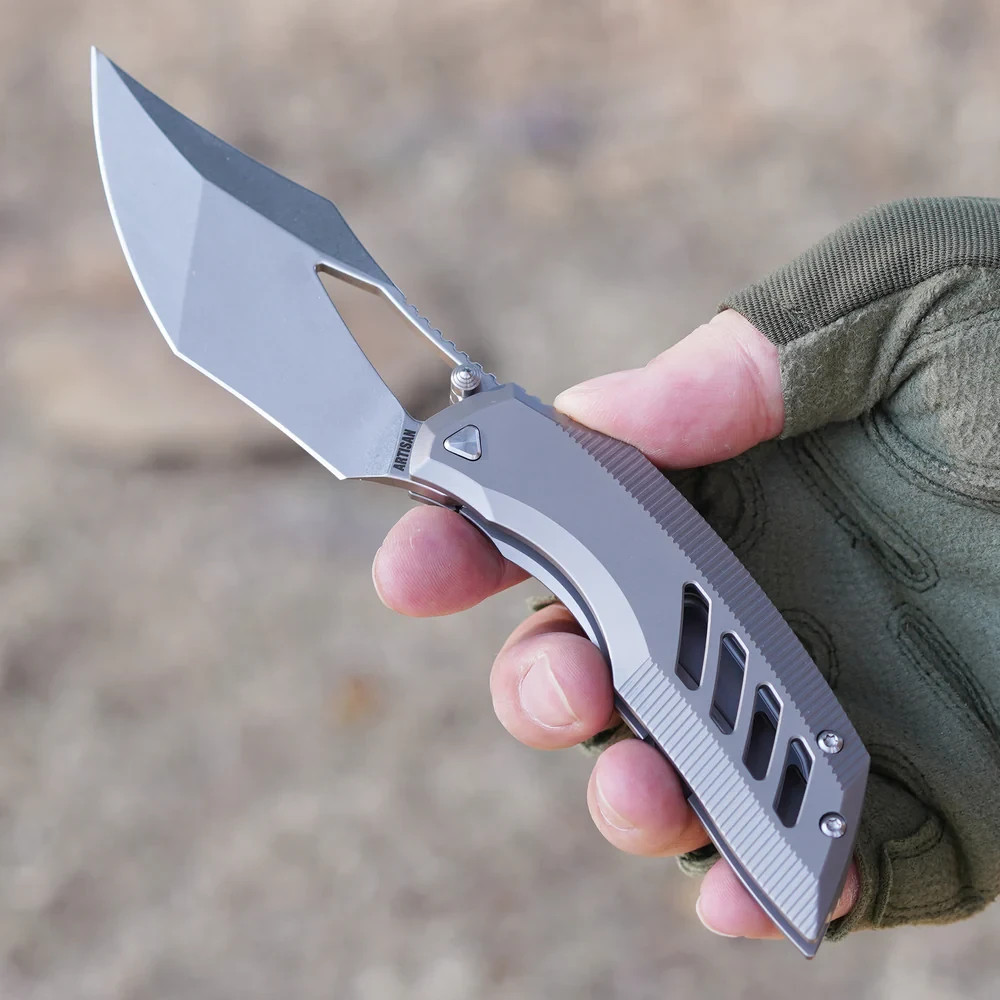 Artisan Dark Wing Folding Knife 3.63″ S35VN Steel Blade Gray Titanium Handle