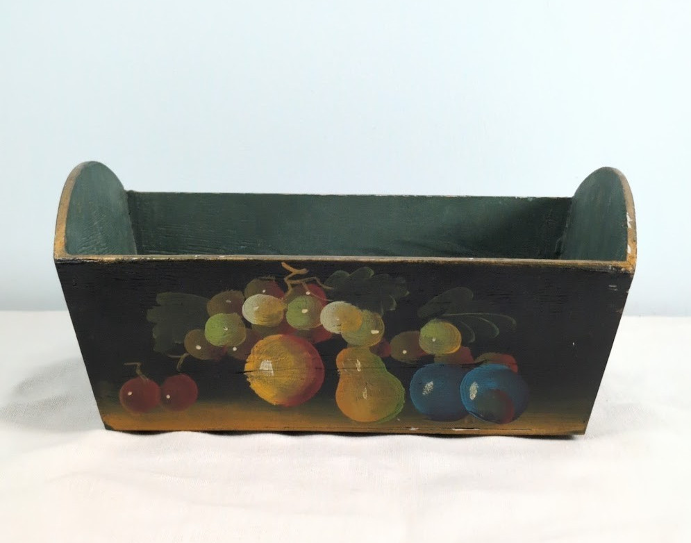 VTG Green Wooden Box Organizer w/ Hand-Painted Fruit Design | Primitive Folk Art