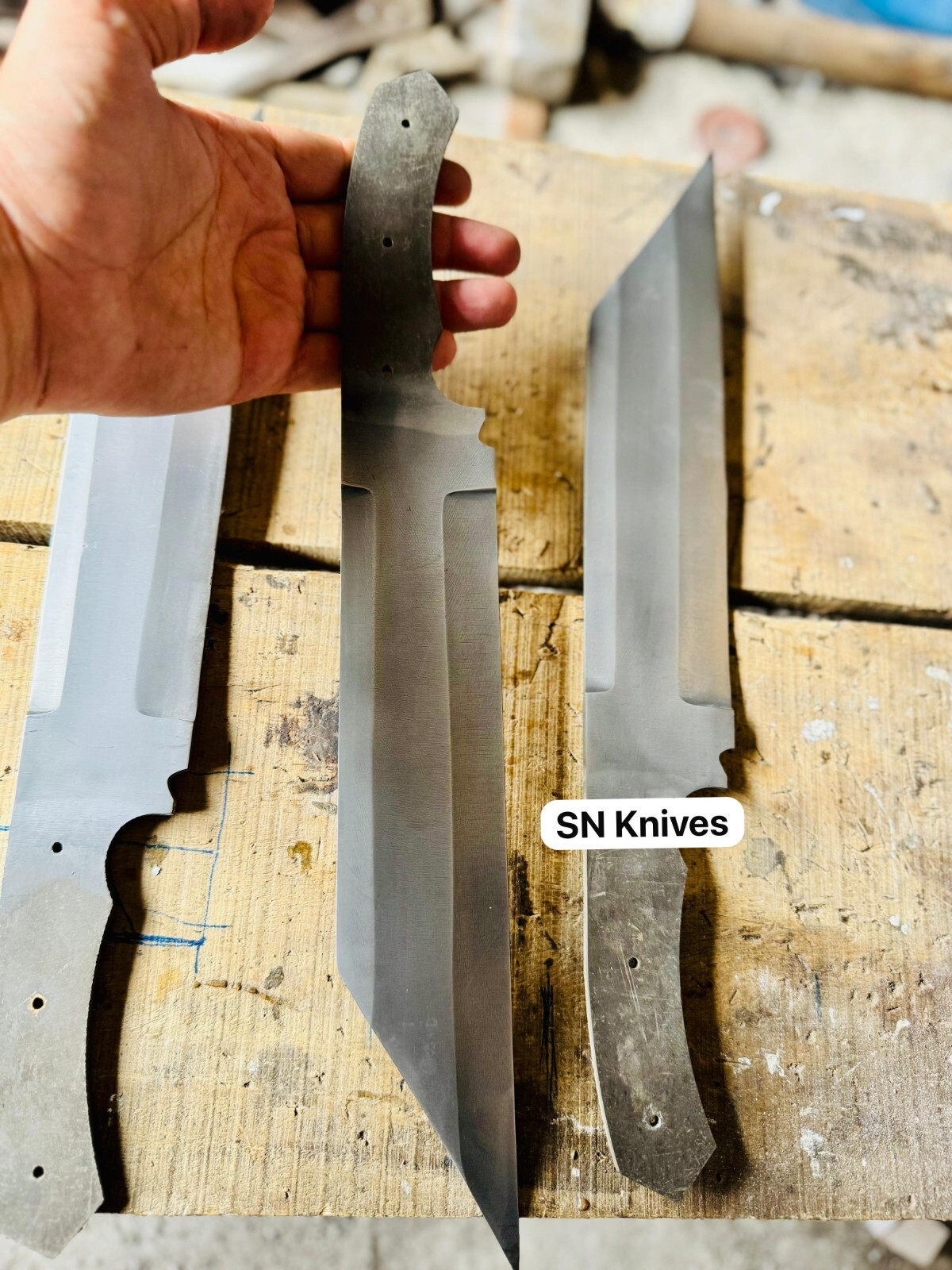 3-PCS CUSTOM HANDMADE SPRING STEEL A-WASH HUNTING SEAX KNIFE BLANK BLADES+SHEATH