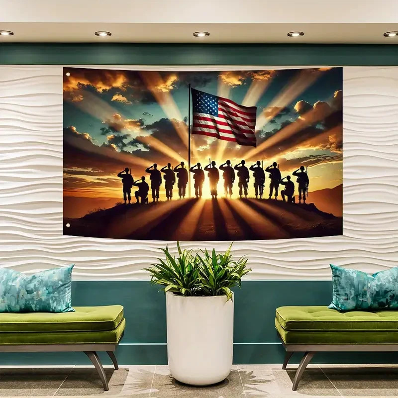 NEW 3×5 USA Patriotic Poly Flag. Veteran Soldiers. Sunset Silhouette Banner Flag