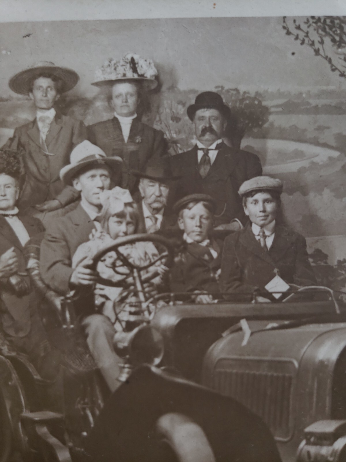 1910 Car RPPC antique auto w 10 people + baby, PMC postcard, Unposted