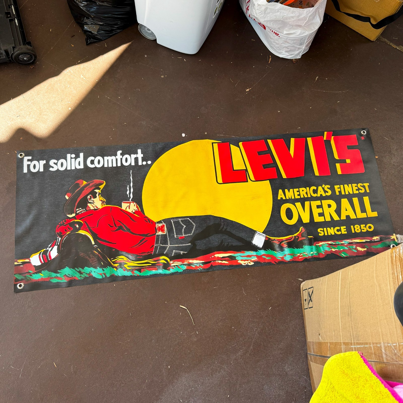 Levi’s “For Solid Comfort” Banner 4FT – Vintage Style 1930s Cowboy Ad Sign