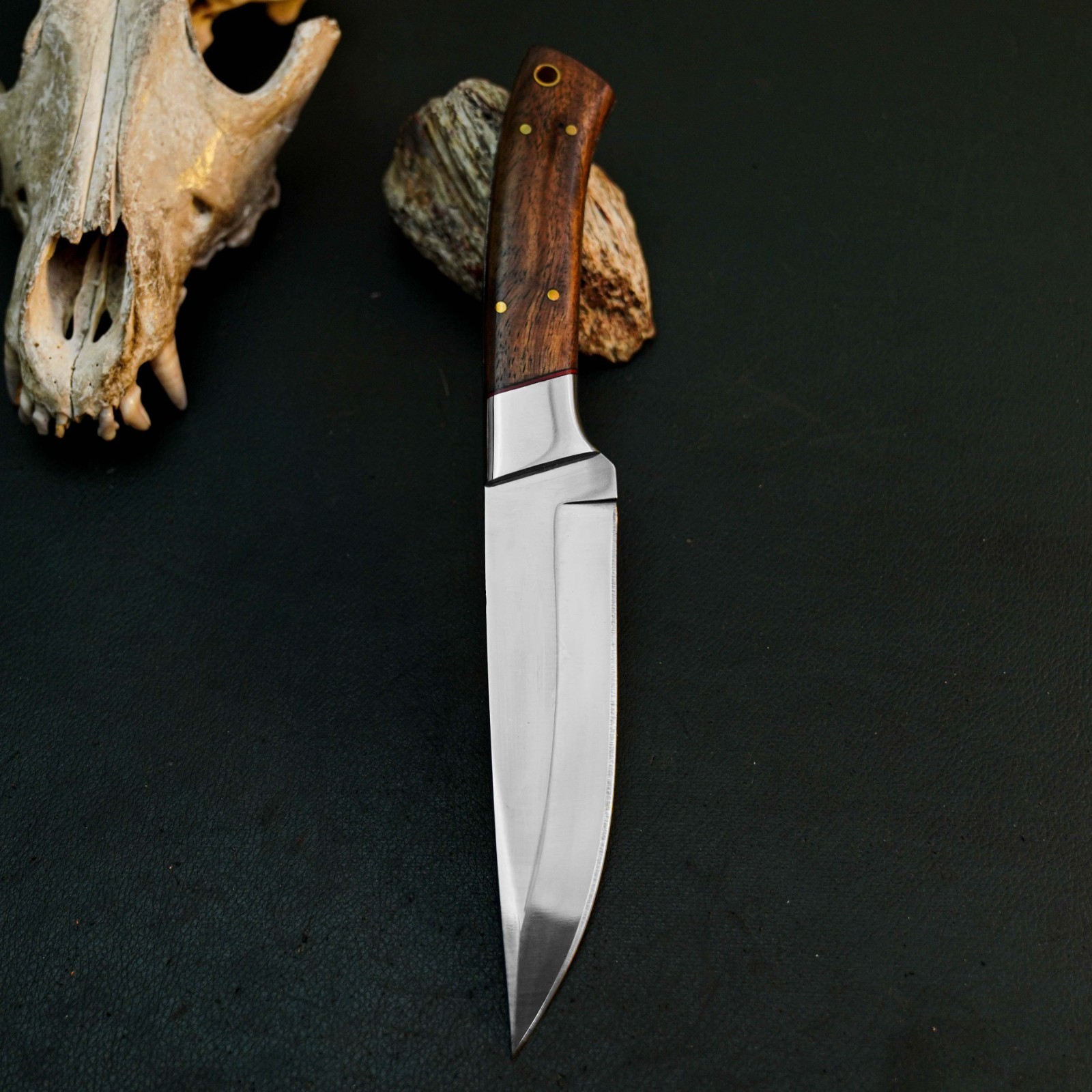 9.4″ D2 Skinning Hunting Knife Handmade Full Tang Wood Handle Leather Sheath