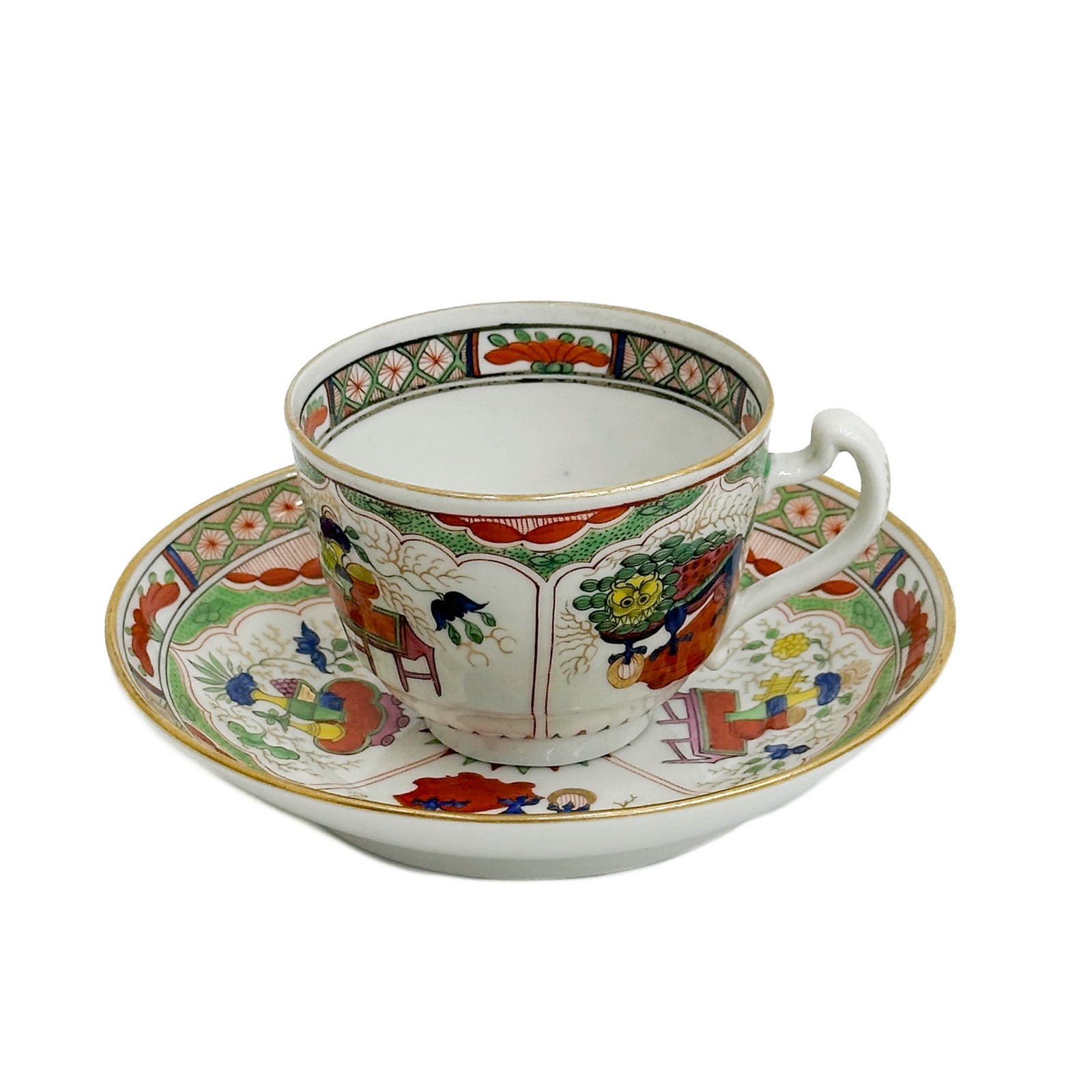English Hand Painted Porcelain Cup & Saucer Dragons in Compartments 19th cen