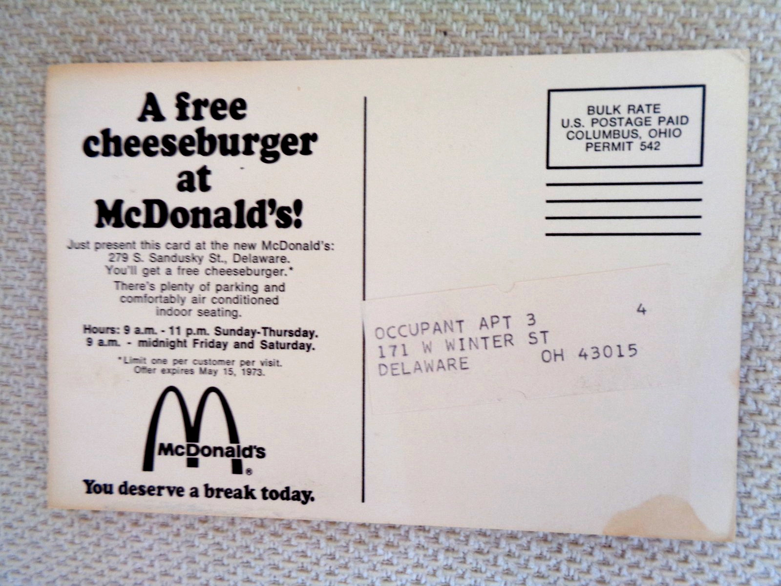 McDonald’s 1973 „Free Cheesburger“ Post Card
