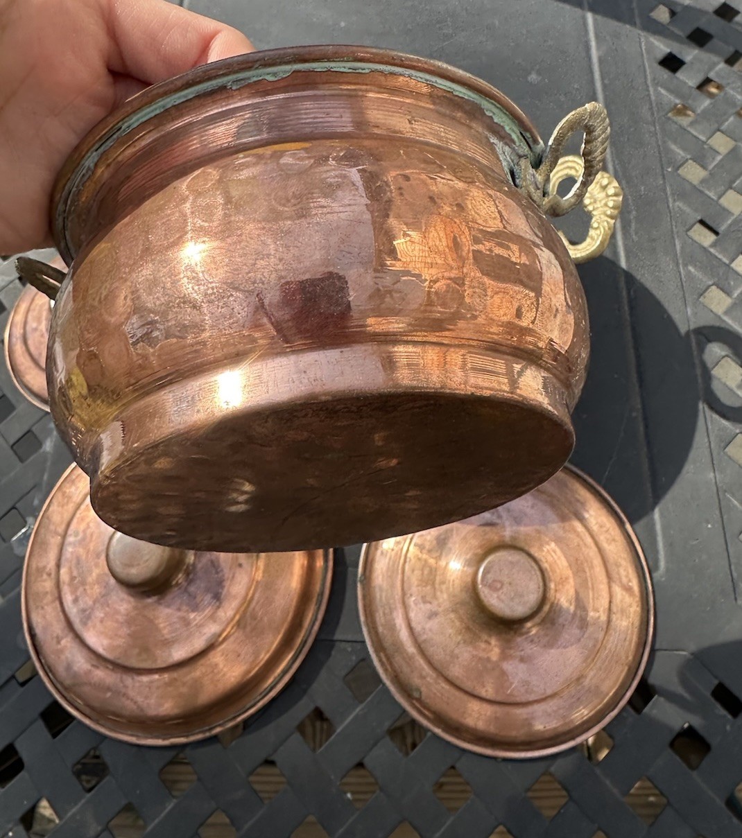Turkish Copper Lidded Pots Set of 3 Brass Handles Decorative Kitchen Display