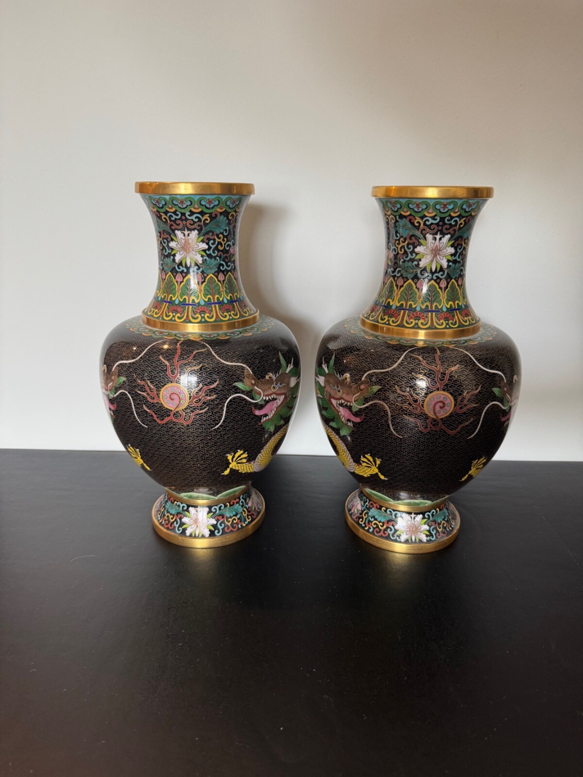 Vintage Chinese Pair of Black Cloisonne Vases w/ Yellow 5 Claw Dragons Dec.