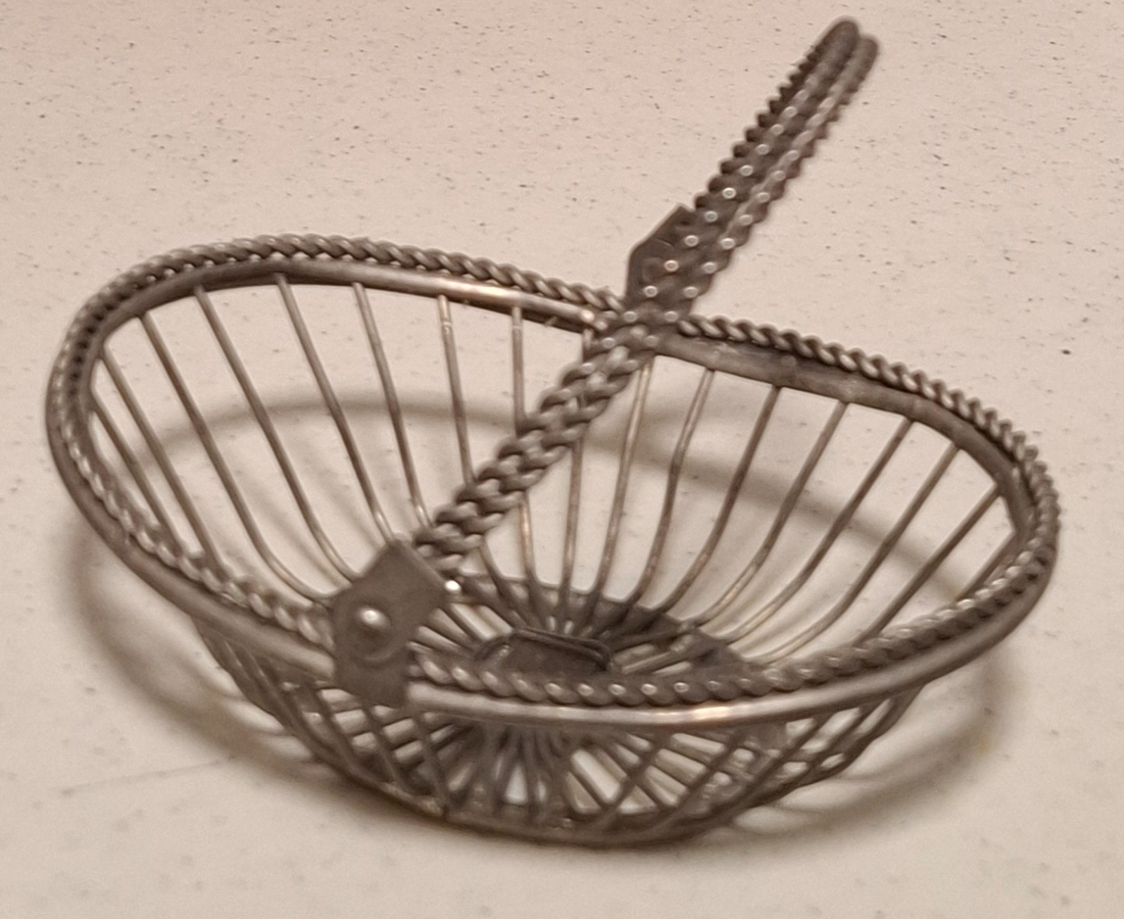 Silver Tone Trinket Basket with Decorative Rope Twist Edge & Hinged Handle