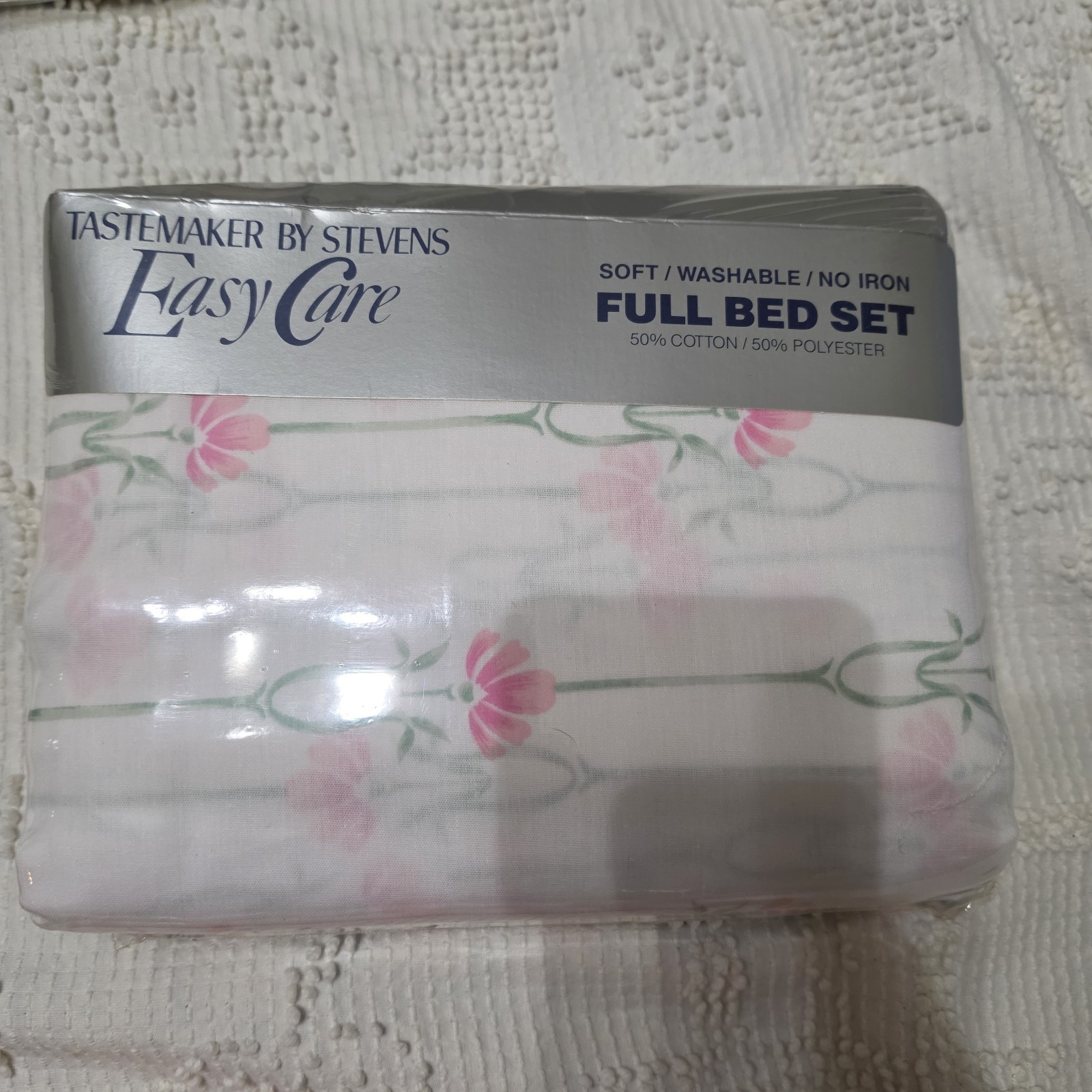 Vtg Tastemaker by Stevens Easy Care Decorum Floral Pink Full Bed Set NOS 1986