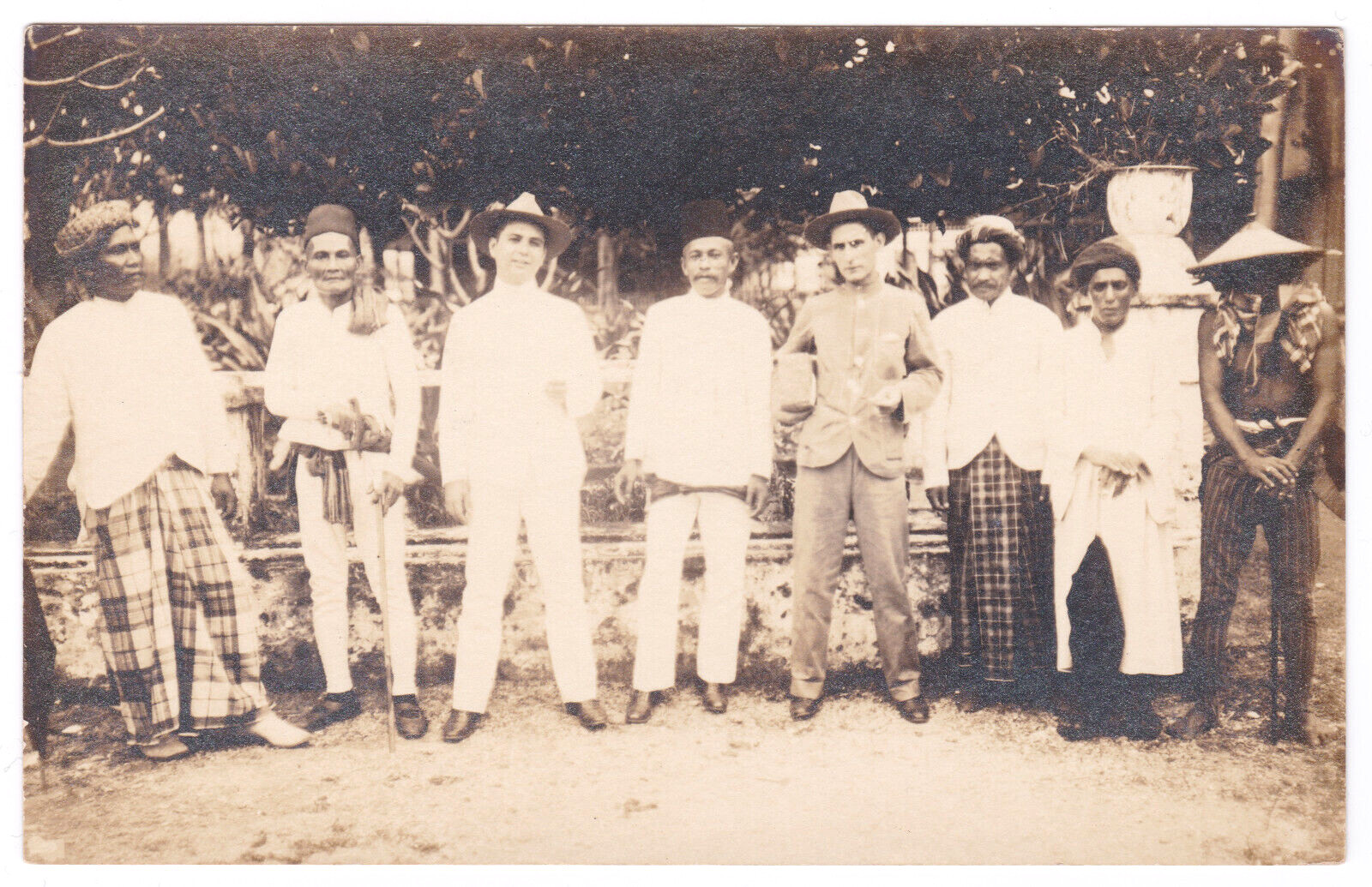 Colonial South Asia Multiethnic Group Portrait 8 People Swords RPPC Postcard