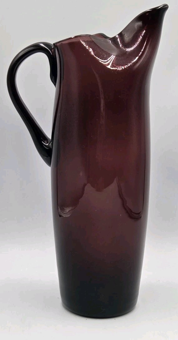 Vintage Amethyst Glass Applied Handle Pinched Spout Pitcher 12″