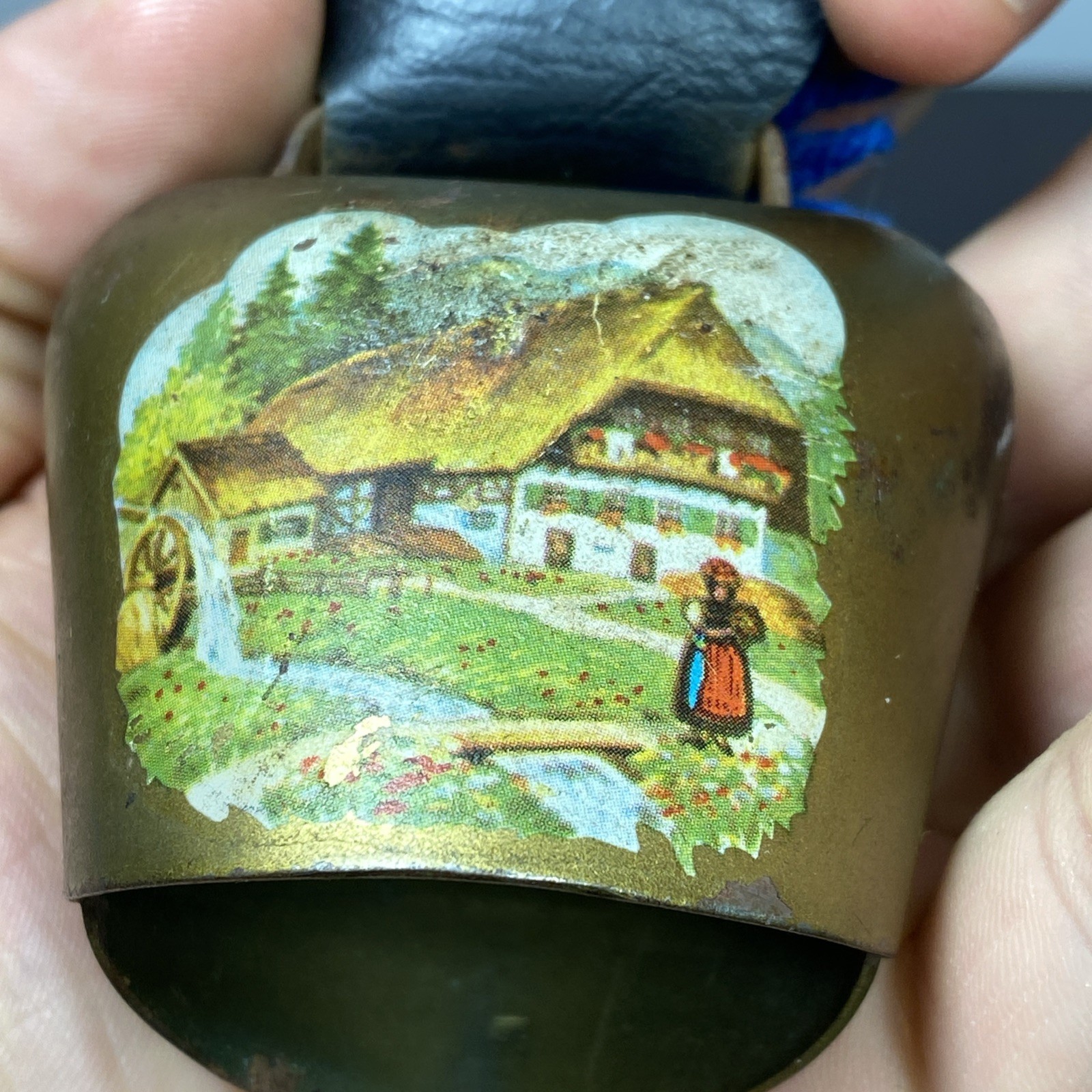Brass Swiss Cow Bell Multi Color Fringed Leather Strap Vtg 6” Cottage Landscape