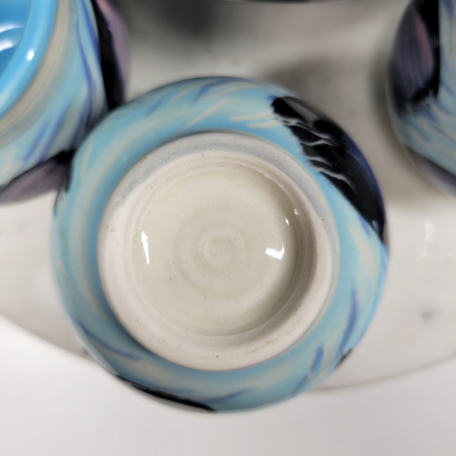 Earline Allen Fine Art Pottery Teapot Set 5 Cups Blue Abstract Artisan Signed