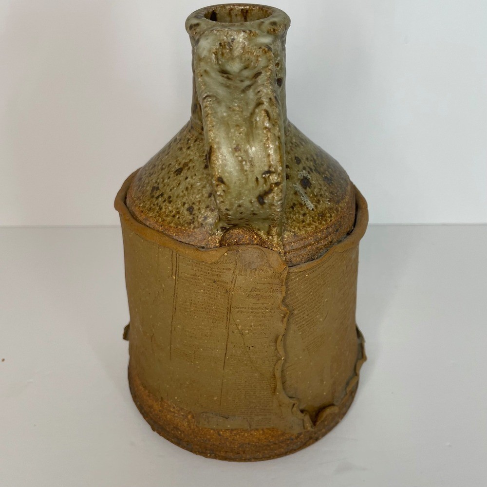 Studio Pottery Newspaper Transfer Stoneware Jug Folk Art Speckled Glaze Crock