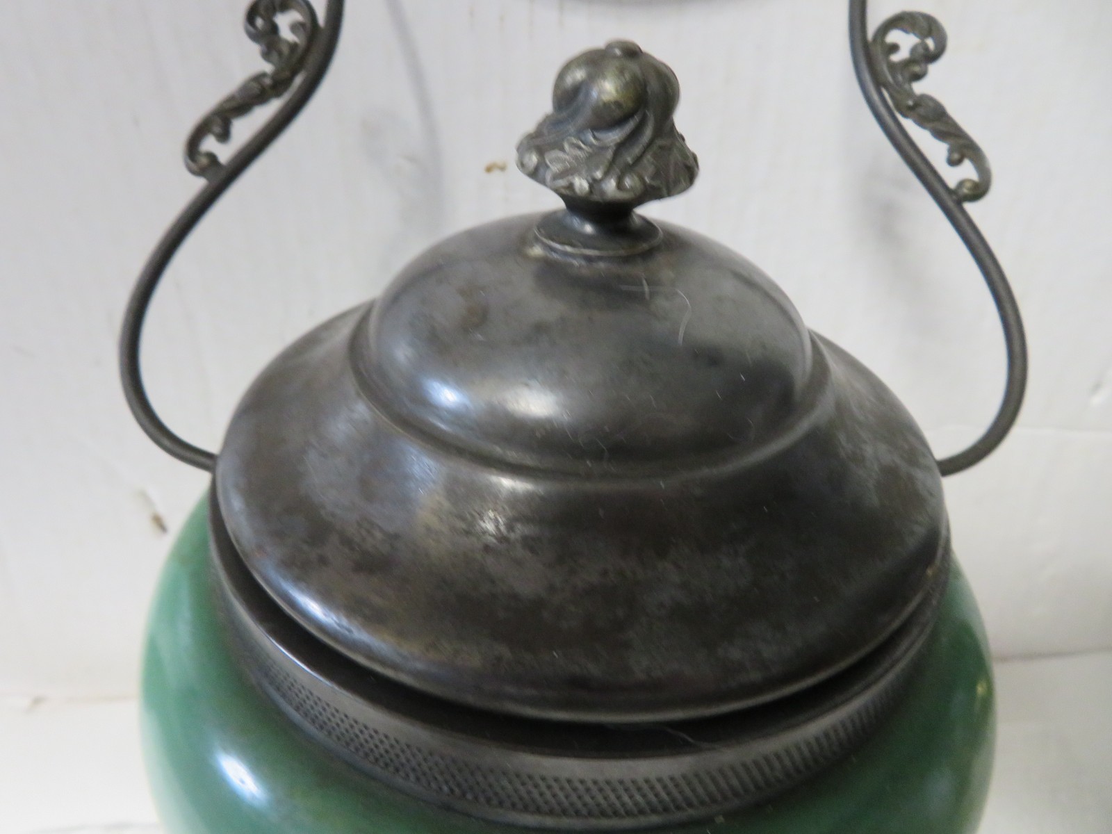 Antique floral decorated Biscuit jar with silver lid and handle