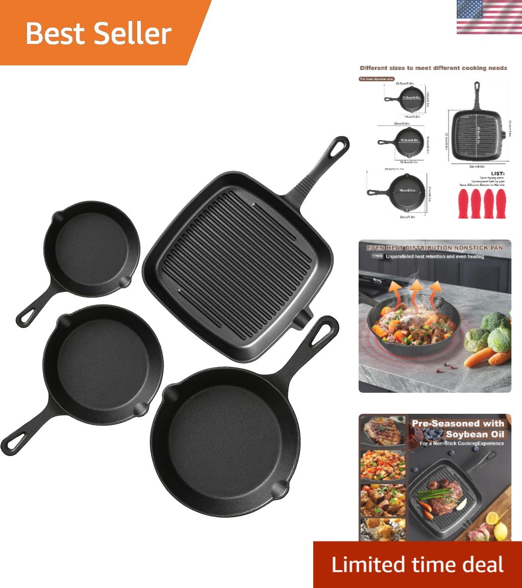 4-Piece Cast Iron Skillets: Pre-Seasoned, Durable & Energy Efficient Cooking Set