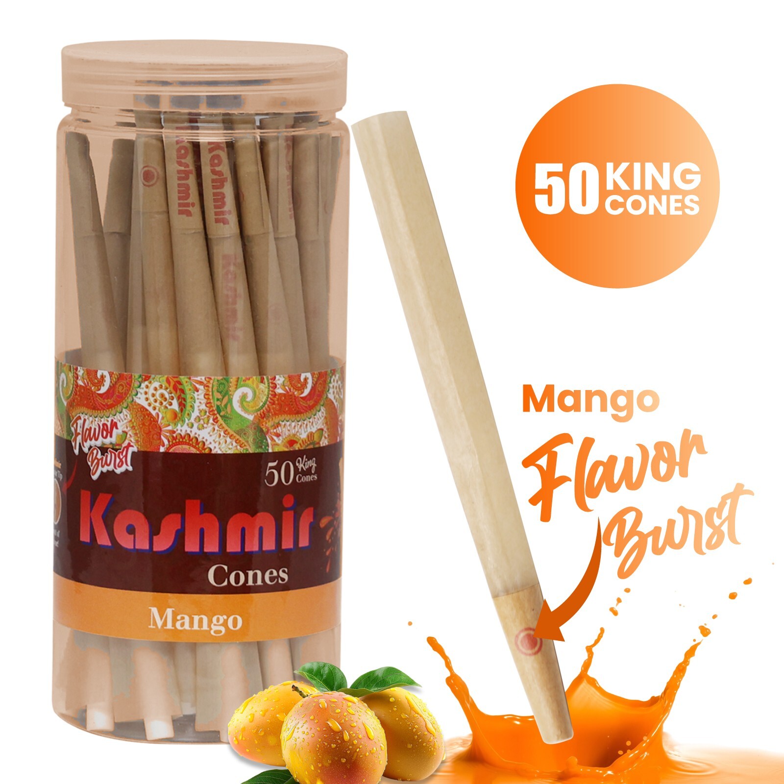 Pre Rolled Cones King Size Mango Flavored Rolling Paper Cones 50 Ct by Kashmir